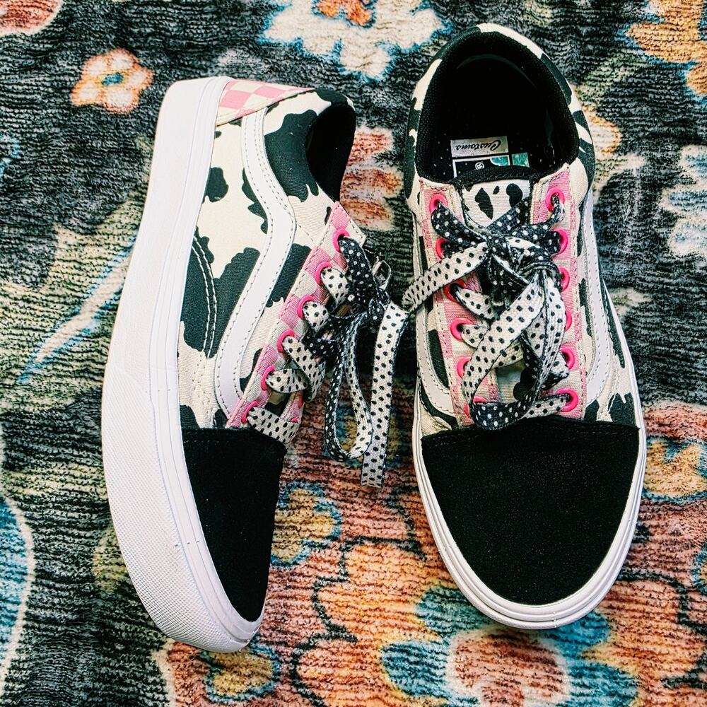 Vans Old Skool ComfyCush Customs Cow Print Pink Checkerboard Sneakers Size 7 - Picture 5 of 13